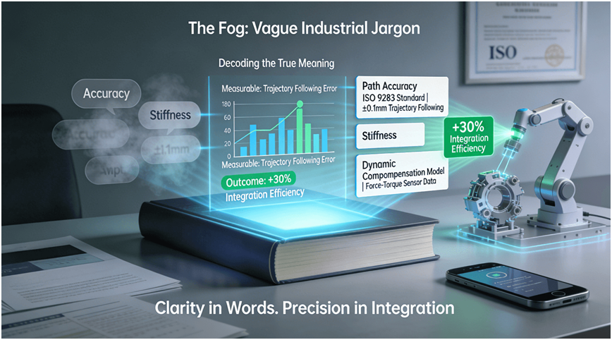 A beam of light scans a thick industrial glossary on a desk, projecting a clear matrix that decodes vague terms like “Accuracy” and “Stiffness” into verifiable engineering definitions (e.g., Path Accuracy per ISO 9283), leading to a +30% integration efficiency outcome and a perfect virtual part.
