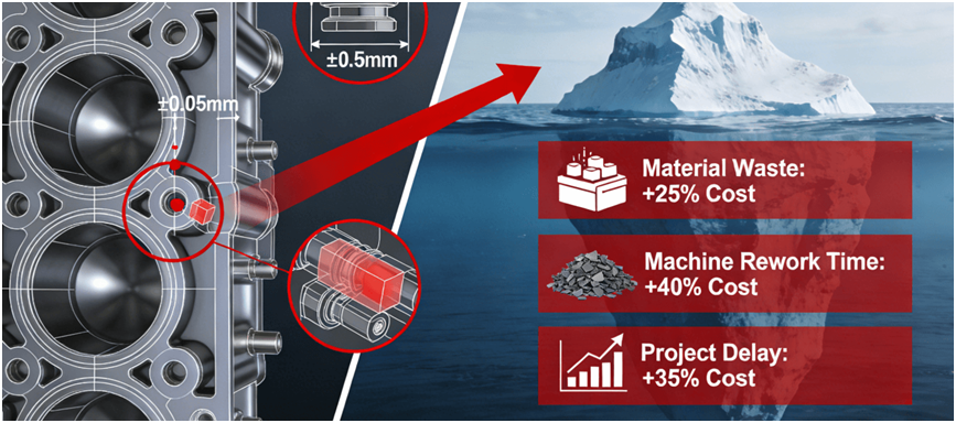 :An iceberg graphic illustrating the hidden costs of design errors in metal rapid prototyping. A 3D model with highlighted tolerance and interference mistakes connects to a large underwater iceberg showing cost overruns in material waste (+25%), machine rework (+40%), and project delays (+35%).
